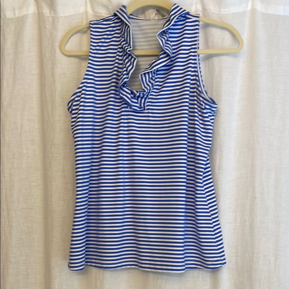 Lulu-B Fitted Ruffled Blue and White Tank Top WORN ONCE! SO COMFORTABLE
